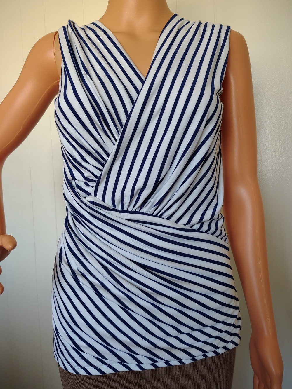 White House Black Market Navy and White Striped Surplice Sleeveless Top XS